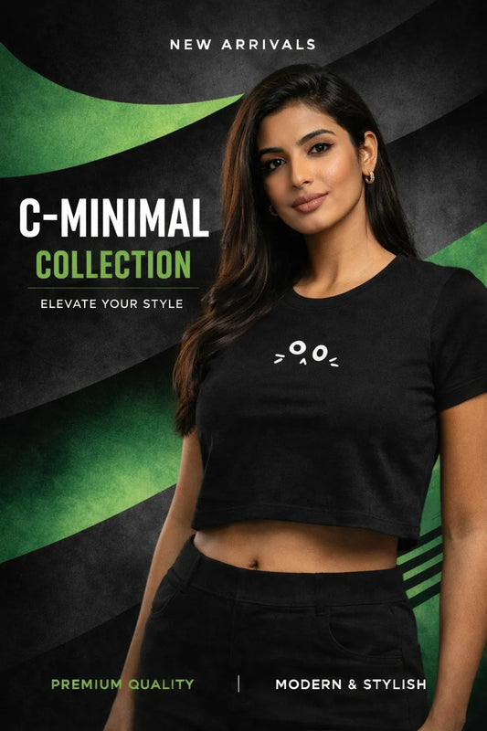 Woman wearing a black t-shirt with a minimalistic design on a dark background with green accents, featuring text about a 'C-Minimal Collection'.