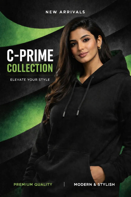 Person wearing a black hoodie with promotional text for C-Prime Collection on a green and black background