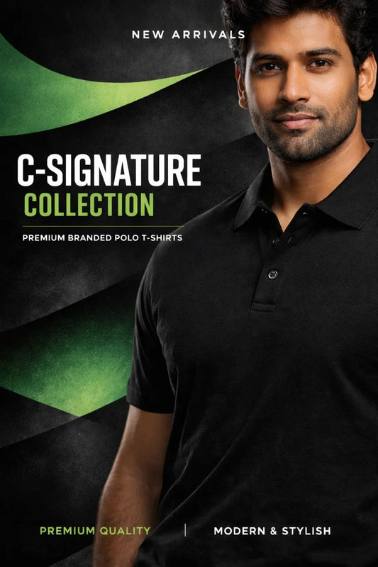 Man wearing a black polo shirt with promotional text for C-Signature Collection on a dark background