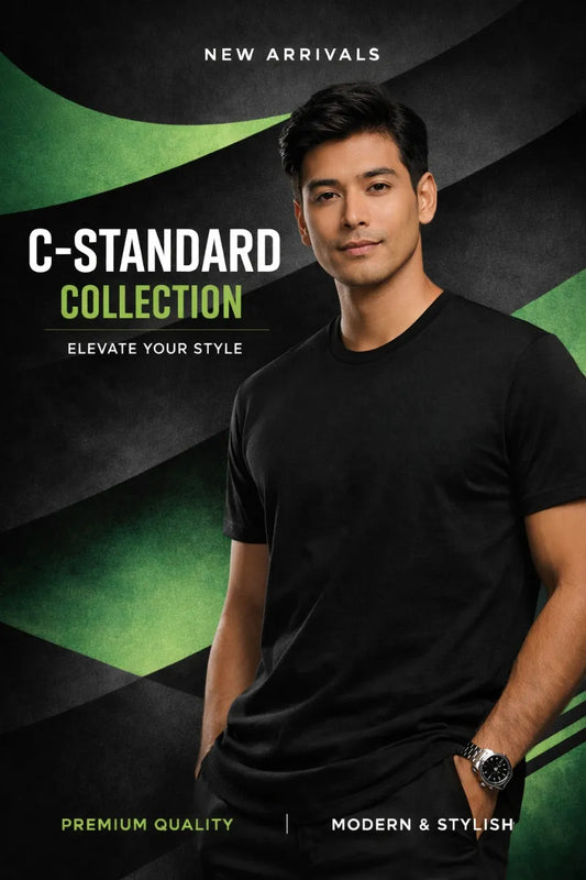 Man wearing a black t-shirt with promotional text for C-Standard Collection on a dark green and black background