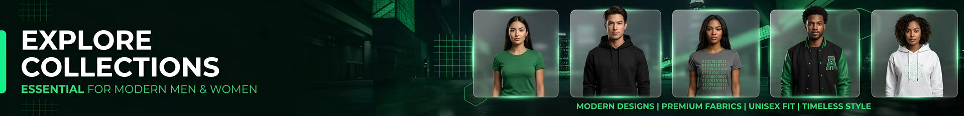 Promotional banner for a C-Labs featuring models in various outfits with text 'Explore Collections' and 'Essentials for Modern Men & Women'.
