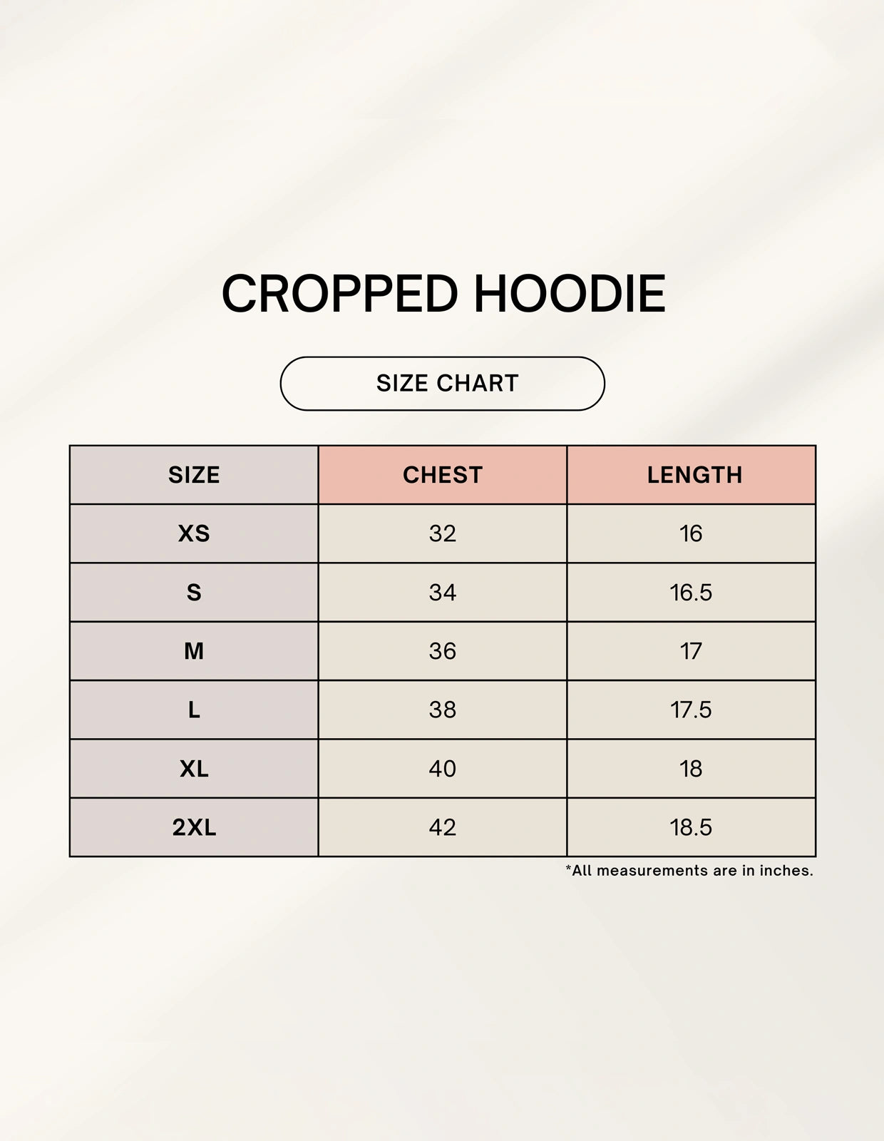 Size chart for cropped hoodie with chest and length measurements.
