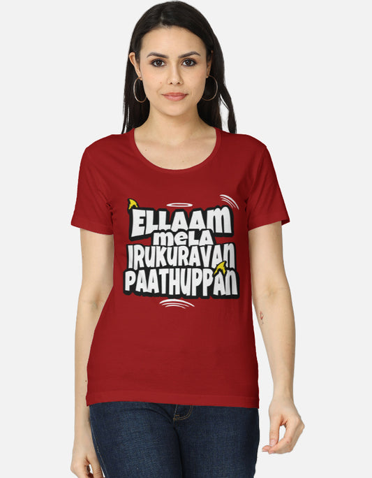 C-Labs Ellaam Mela Irukuravan Paathuppan Women's Classic T-Shirt Red Front_1_c_10_27f5e37e-ca58-4df4-aeb4-ca4de467acba