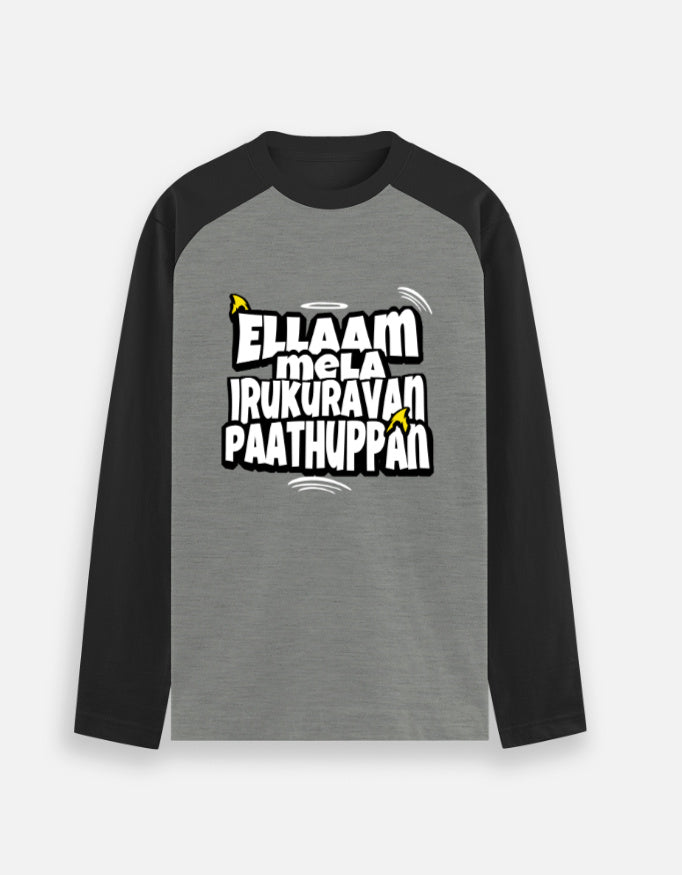 C-Labs Ellaam Mela Irukuravan Paathuppan Raglan T-Shirt Black Charcoal Melange Front_1_c_11_d26fe5f9-5b25-41af-9318-9cf7a2fd630f