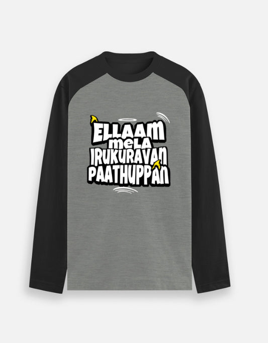 C-Labs Ellaam Mela Irukuravan Paathuppan Raglan T-Shirt Black Charcoal Melange Front_1_c_11_d26fe5f9-5b25-41af-9318-9cf7a2fd630f