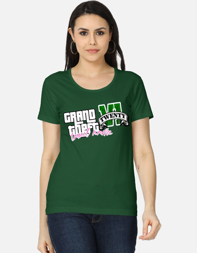 C-Labs Grand Theft Auto: Tamil Nadu Edition Women's Classic T-Shirt Bottle Green Front_1_c_8_91230169-f190-4c20-88af-03a935f9f6aa