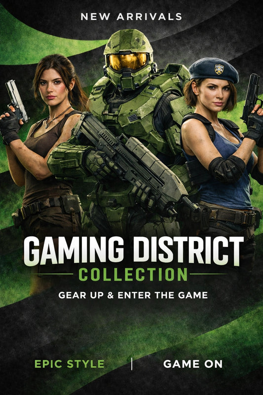 Promotional poster for 'Gaming District Collection' featuring characters in tactical gear.
