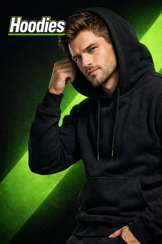 Man wearing a black hoodie against a green background with 'Hoodies' text.