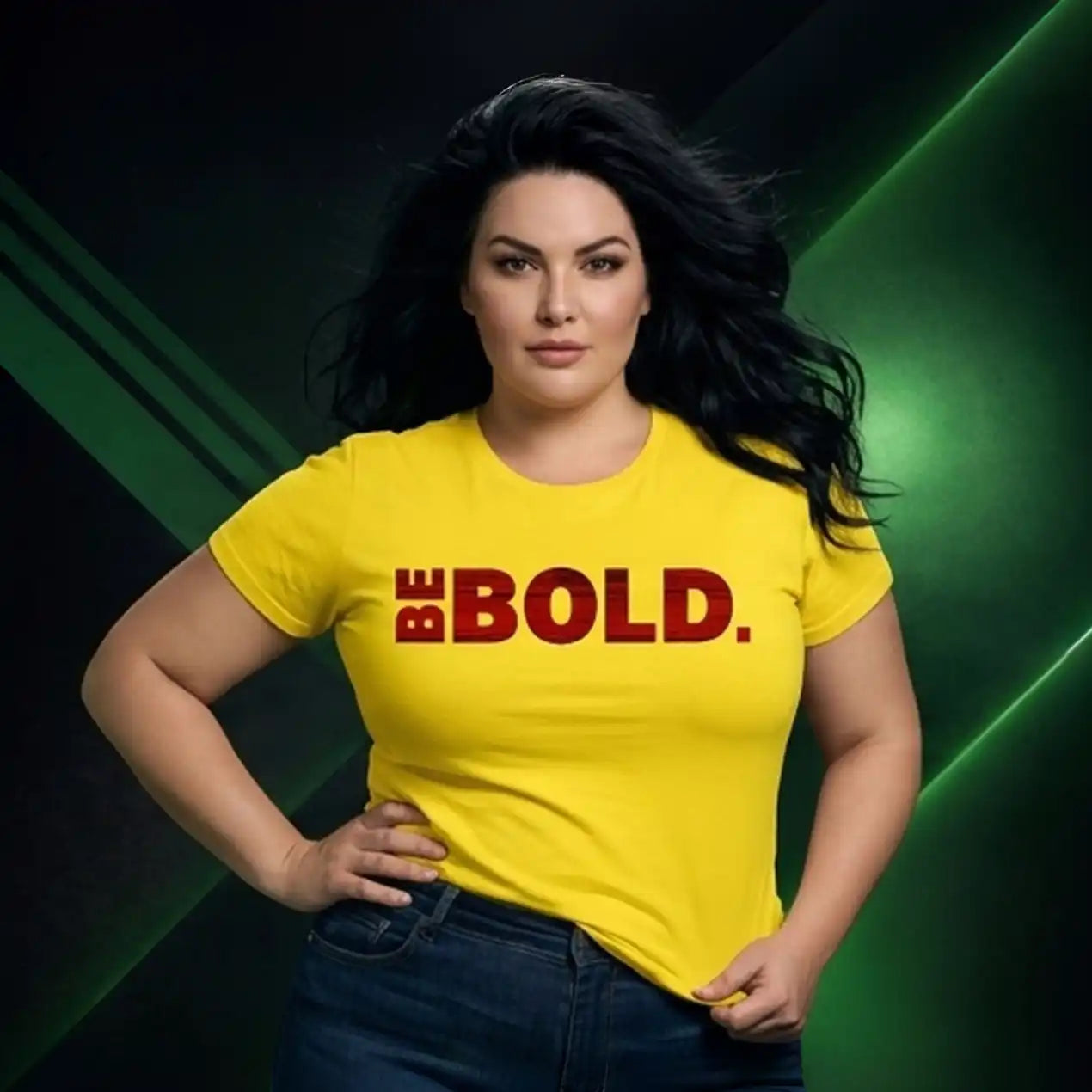 Woman wearing a yellow t-shirt with 'BE BOLD' text against a green and black background