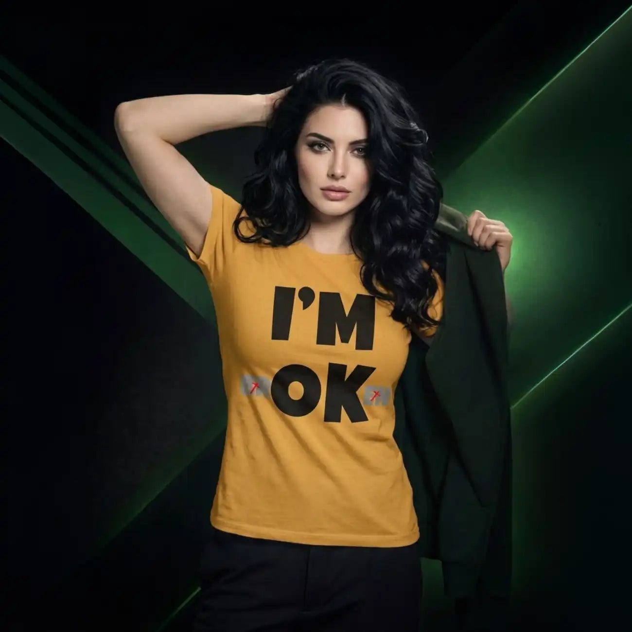 Woman wearing a yellow tank top with 'I'm OK' text against a dark background