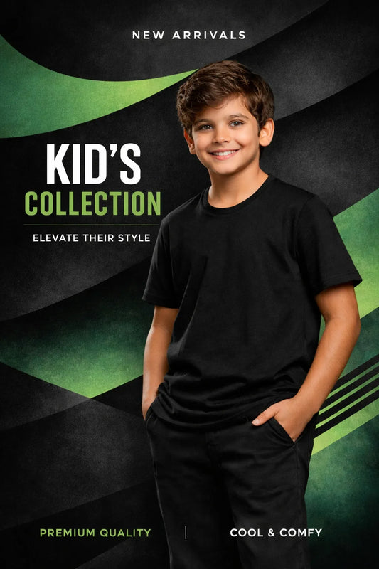 Promotional image of a child wearing a black t-shirt with text about a kids' clothing collection.