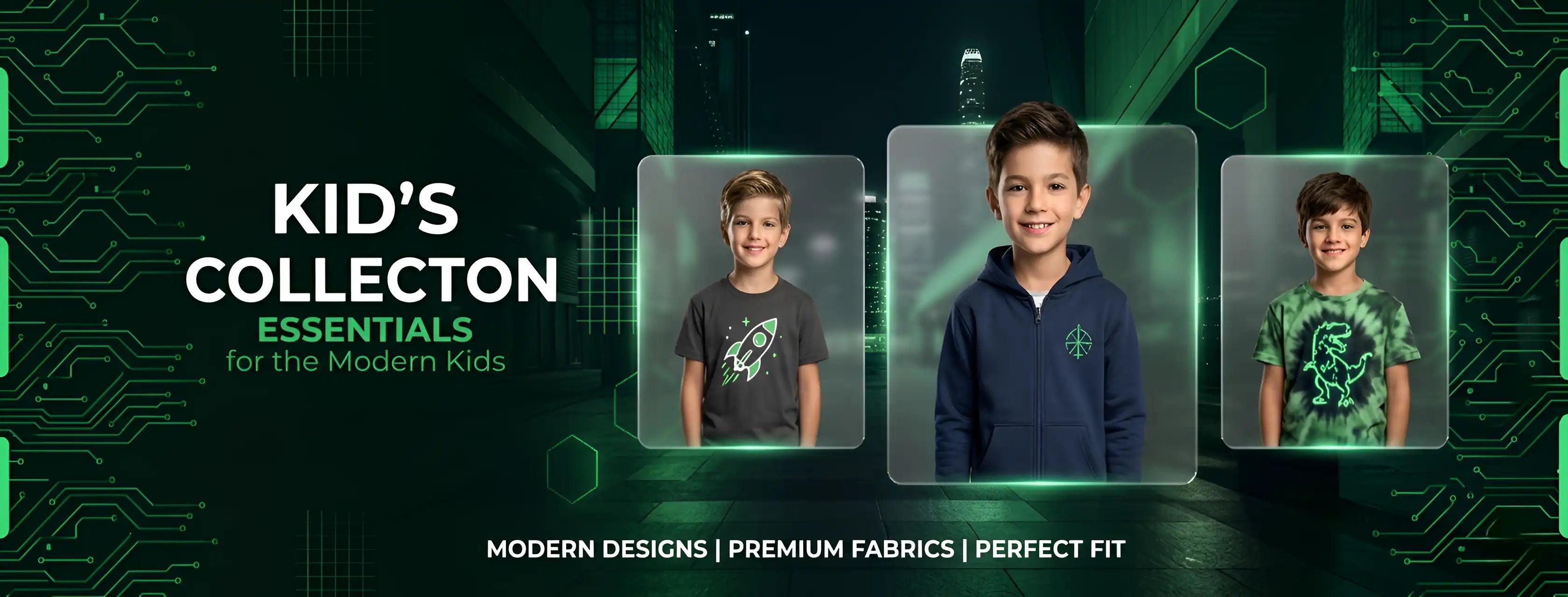 Advertisement for kids' clothing collection with three children wearing different outfits on a futuristic green background.