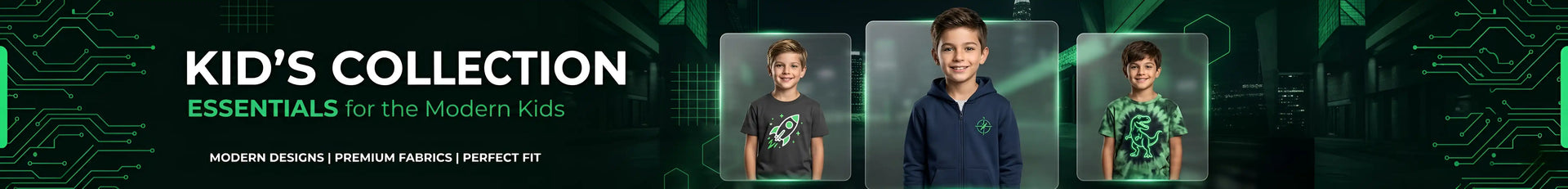 Promotional banner for a kids' collection with four children wearing green outfits against a digital background.