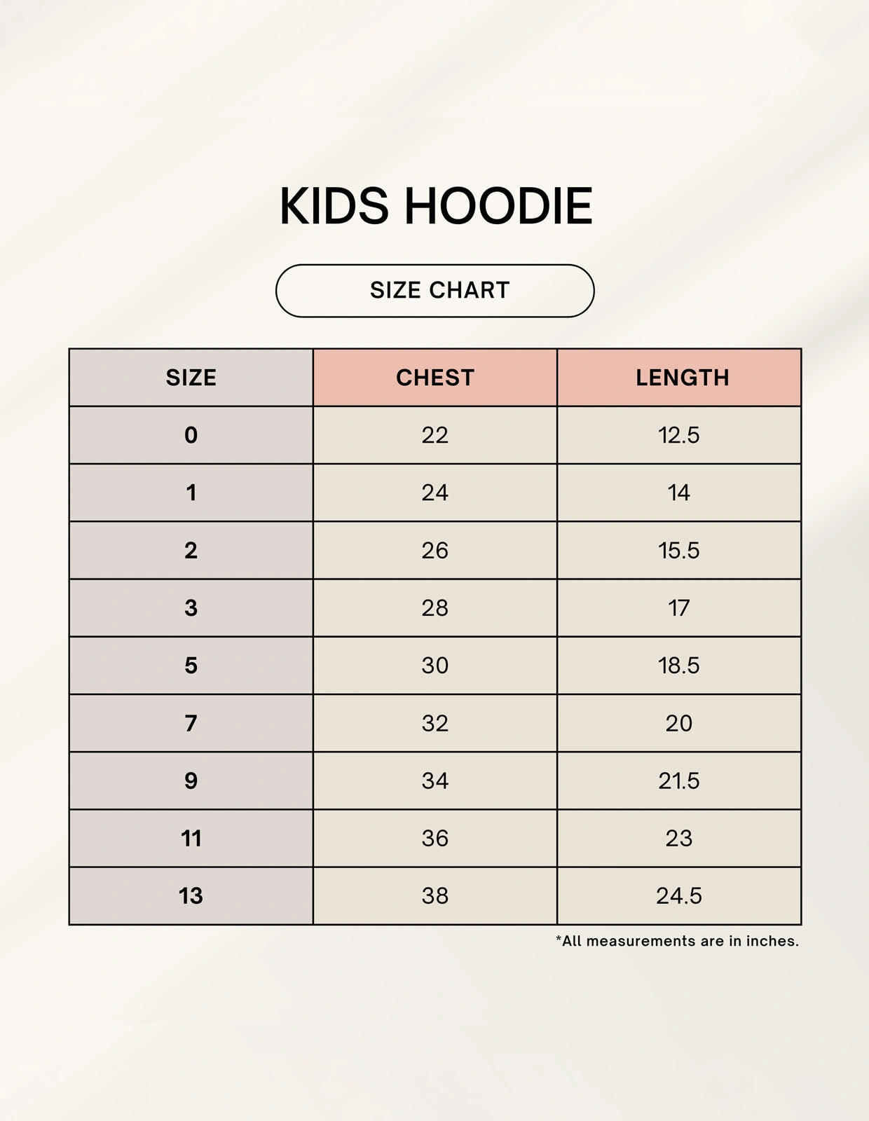 Size chart for kids hoodie with chest and length measurements.