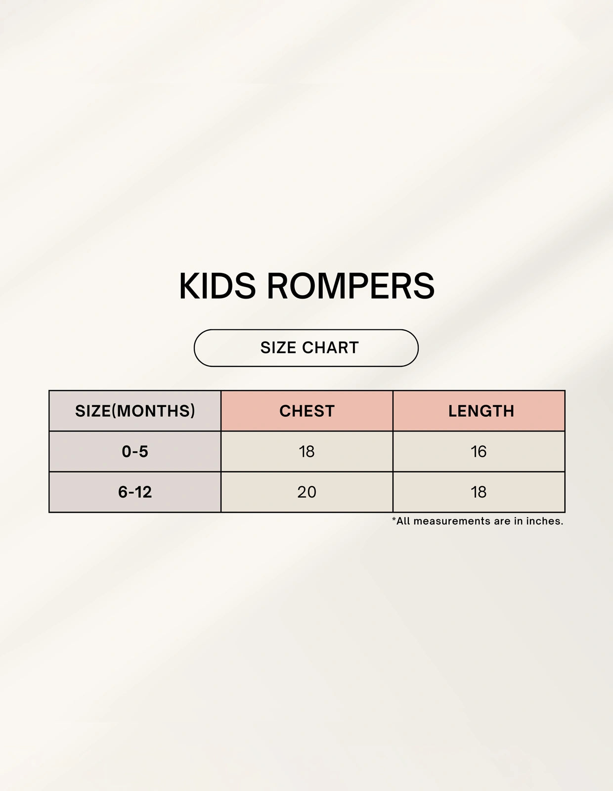 Size chart for kids rompers with chest and length measurements.