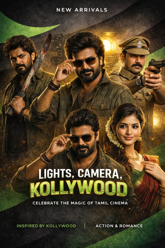 Promotional poster for a movie inspired by Kollywood, featuring actors in action poses.