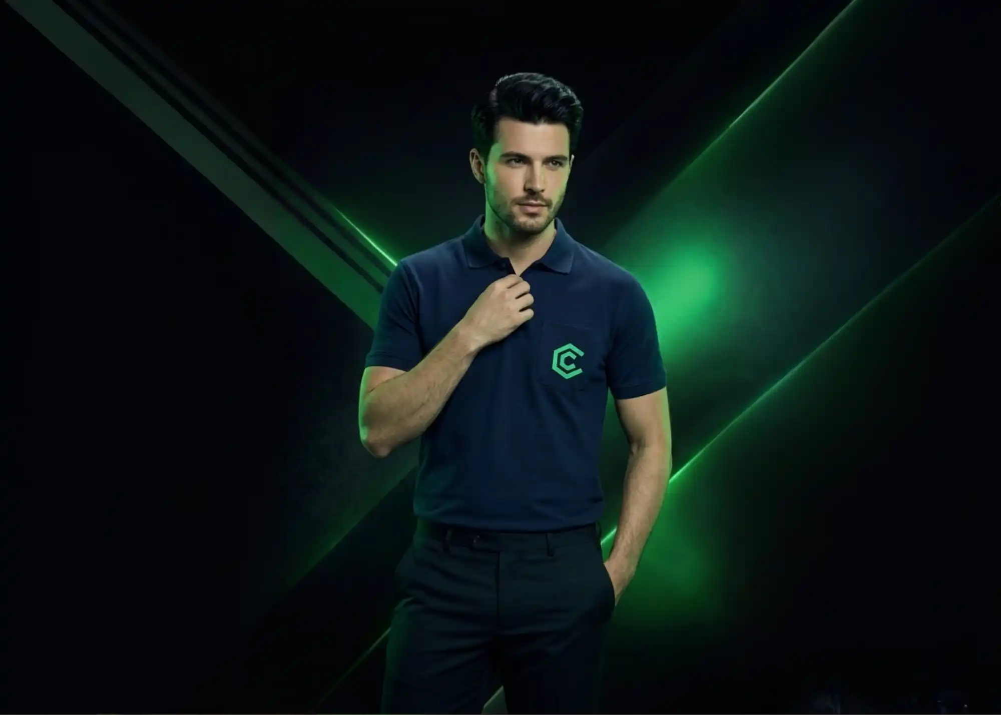 Man wearing a dark blue polo shirt with a logo on a black background with green accents