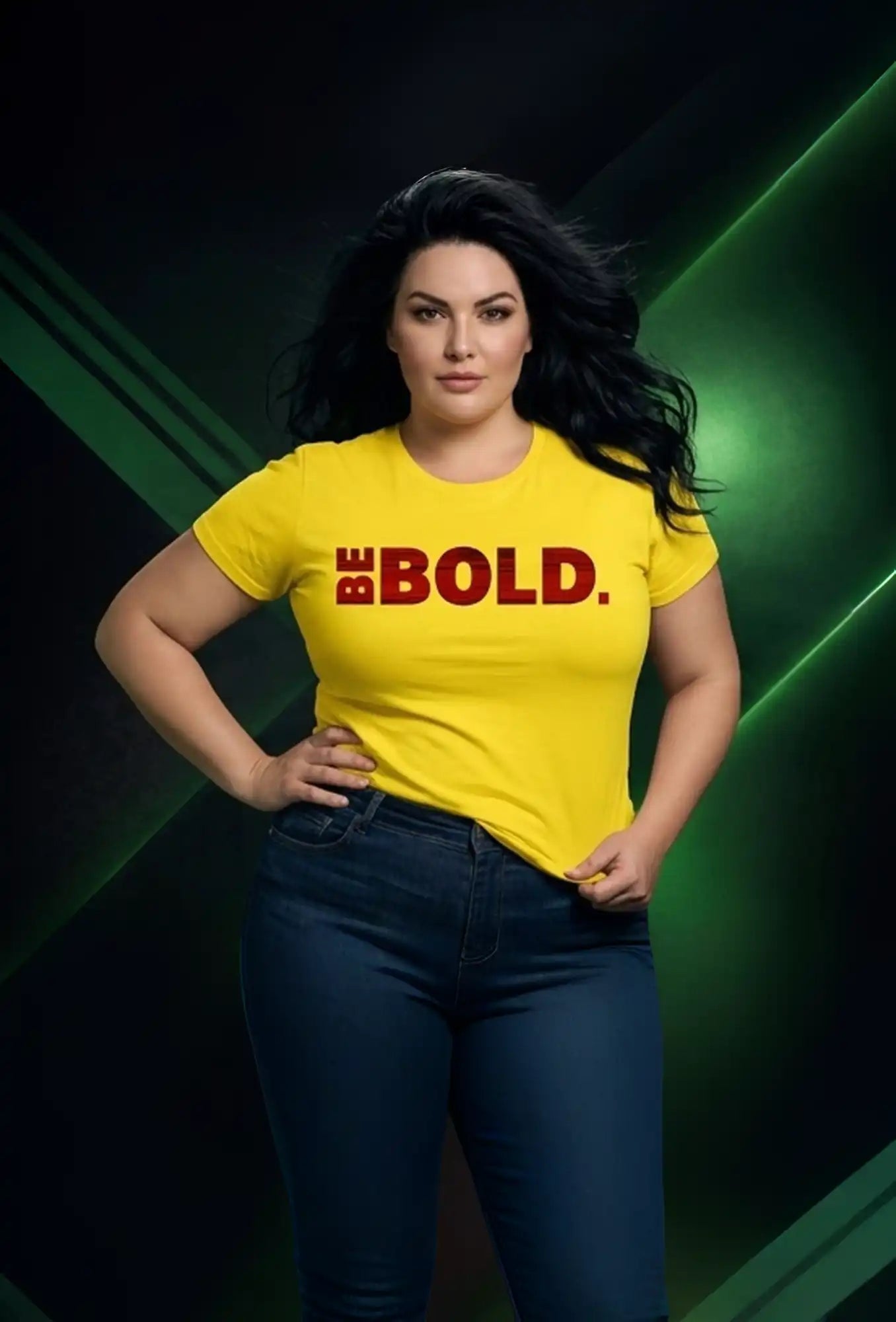 Woman wearing a yellow t-shirt with 'BE BOLD' text on a green neon background
