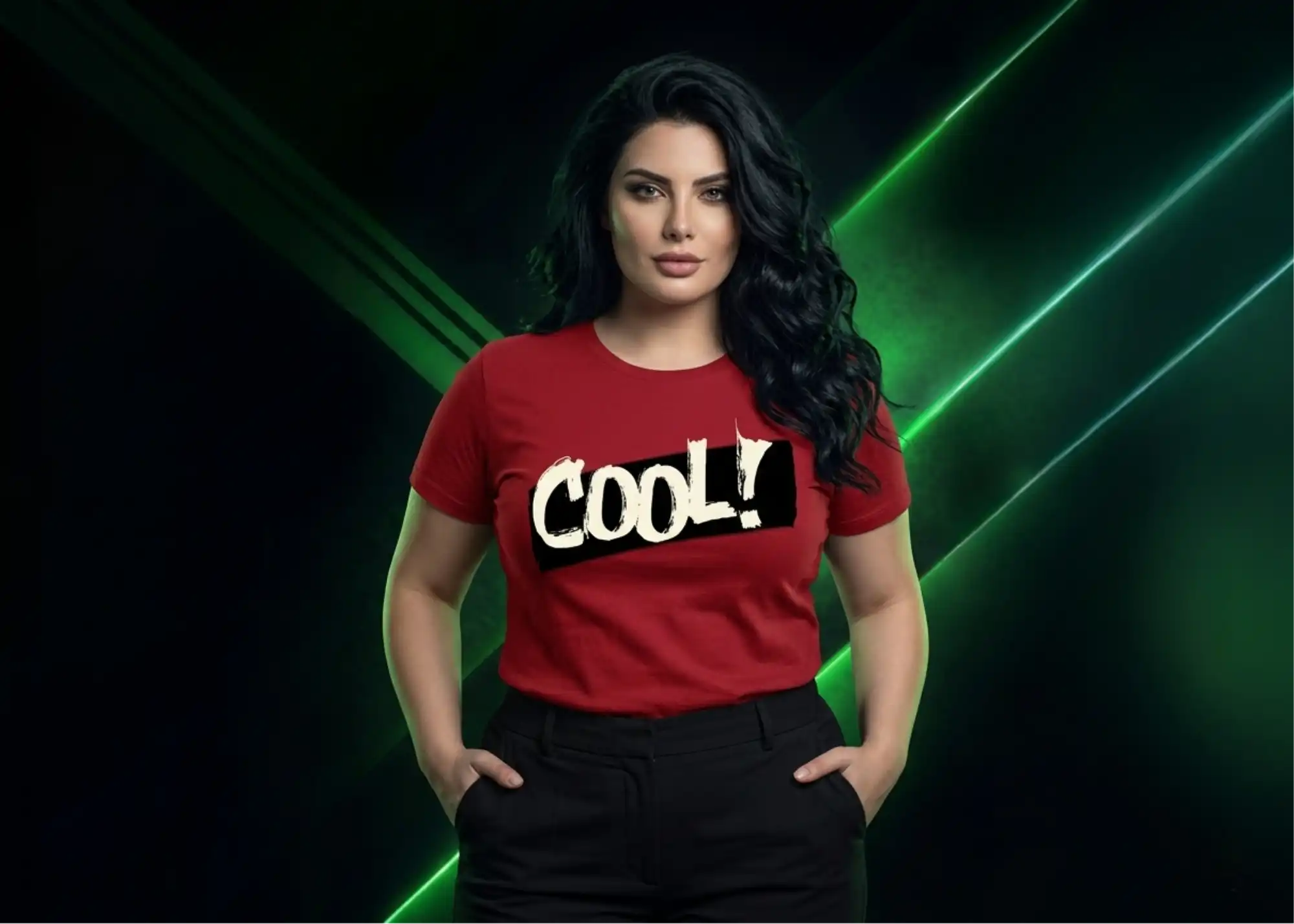 Woman wearing a red t-shirt with 'COOL!' text against a dark background with green accents