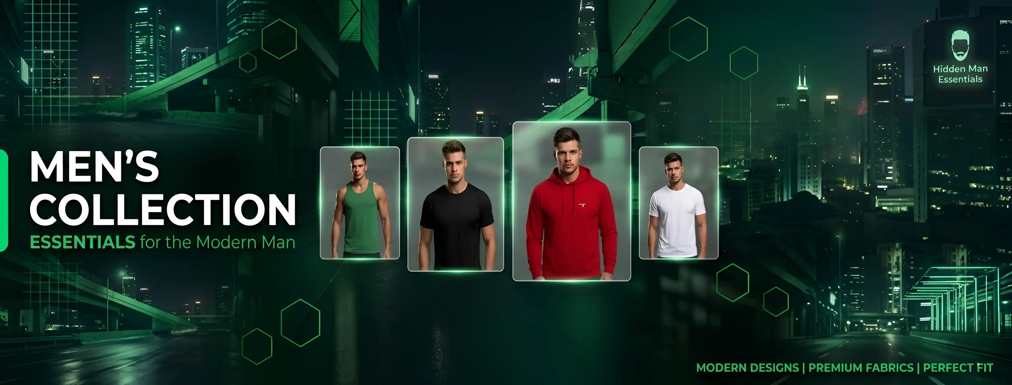 Men's clothing collection with four models against a cityscape background, featuring text 'Men's Collection Essentials for the Modern Man'.