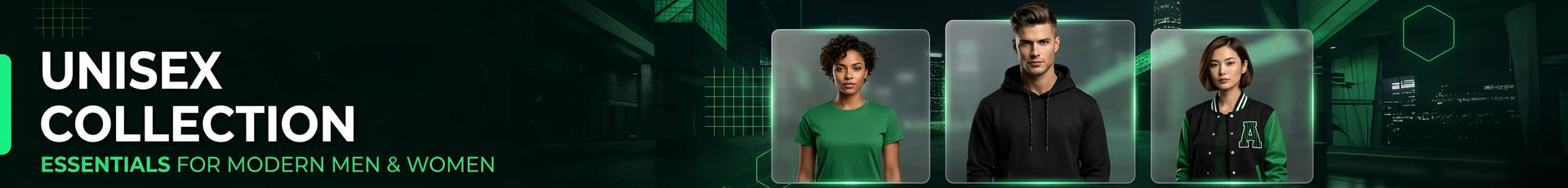 Three people wearing green and black outfits with text about a unisex collection.