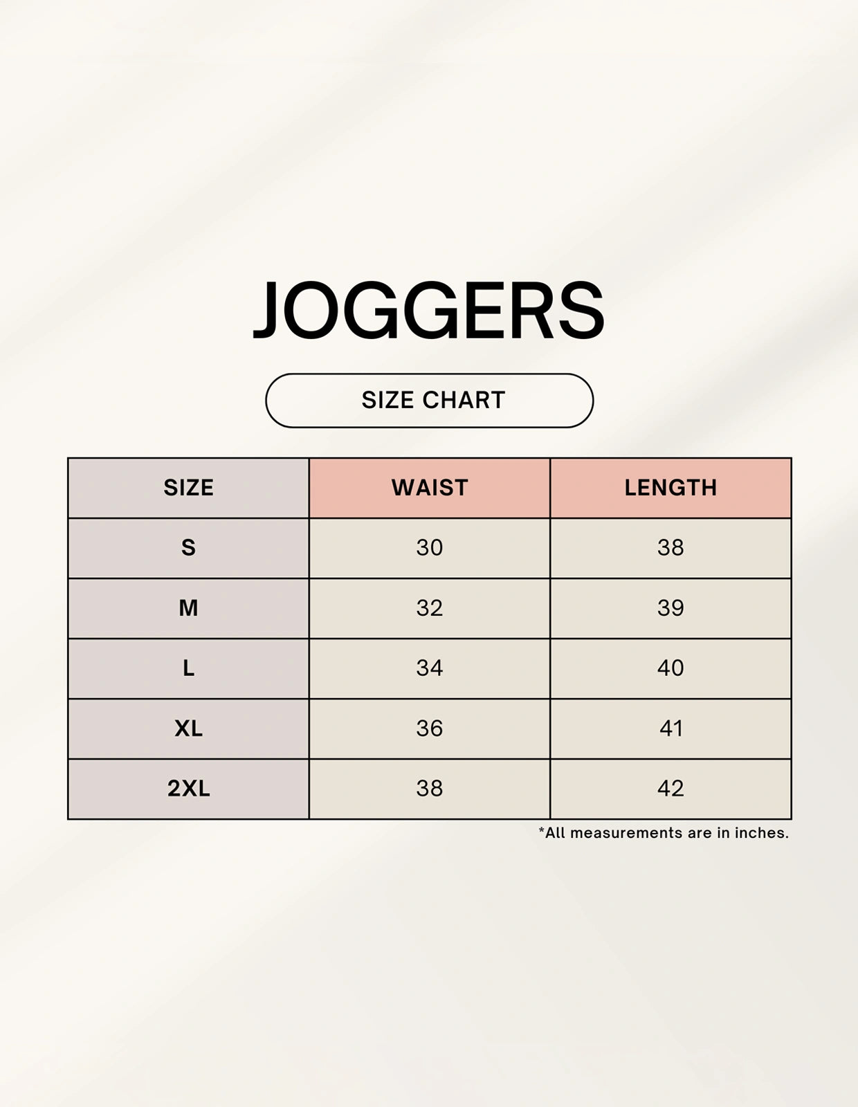 Jogger size chart with waist and length measurements on a light gray background