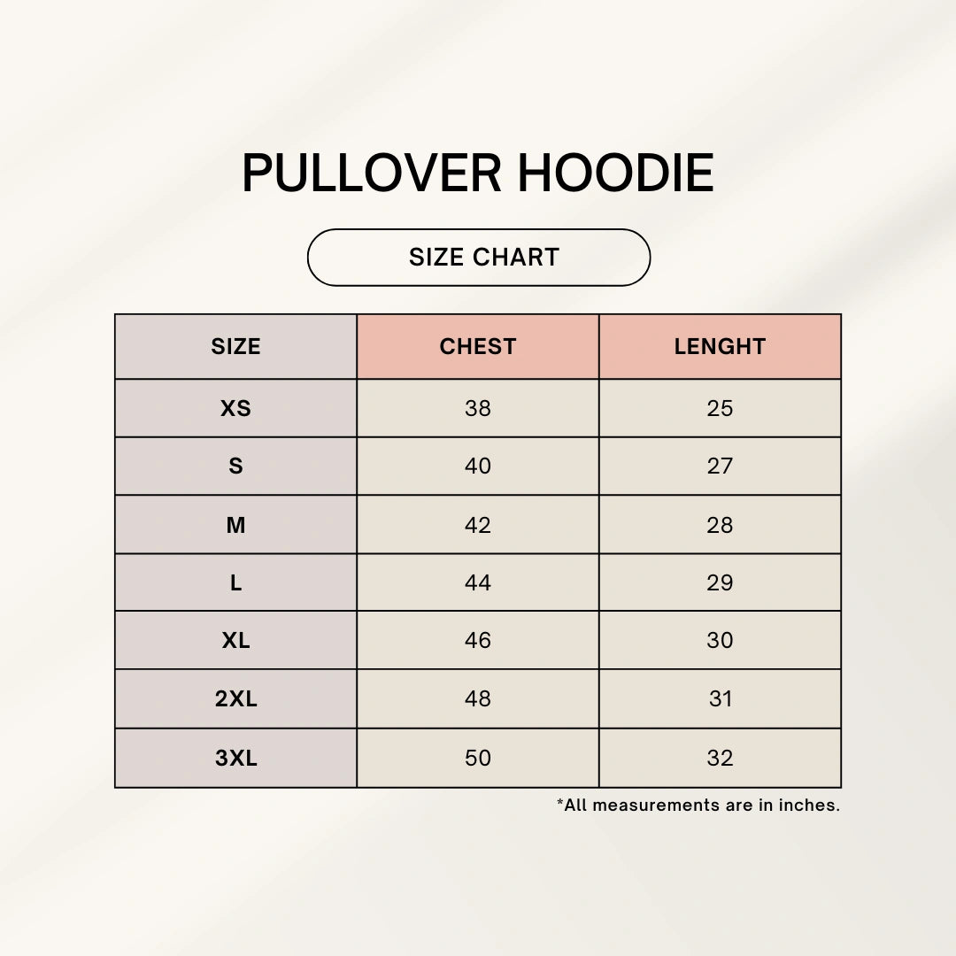 Size chart for pullover hoodie with chest and length measurements.