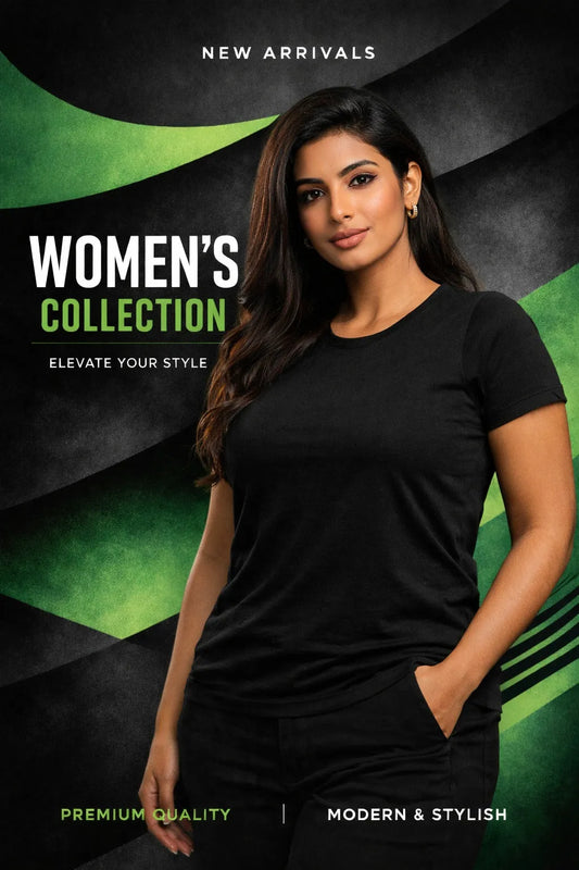 Woman wearing a black outfit with promotional text for women's collection on a dark background