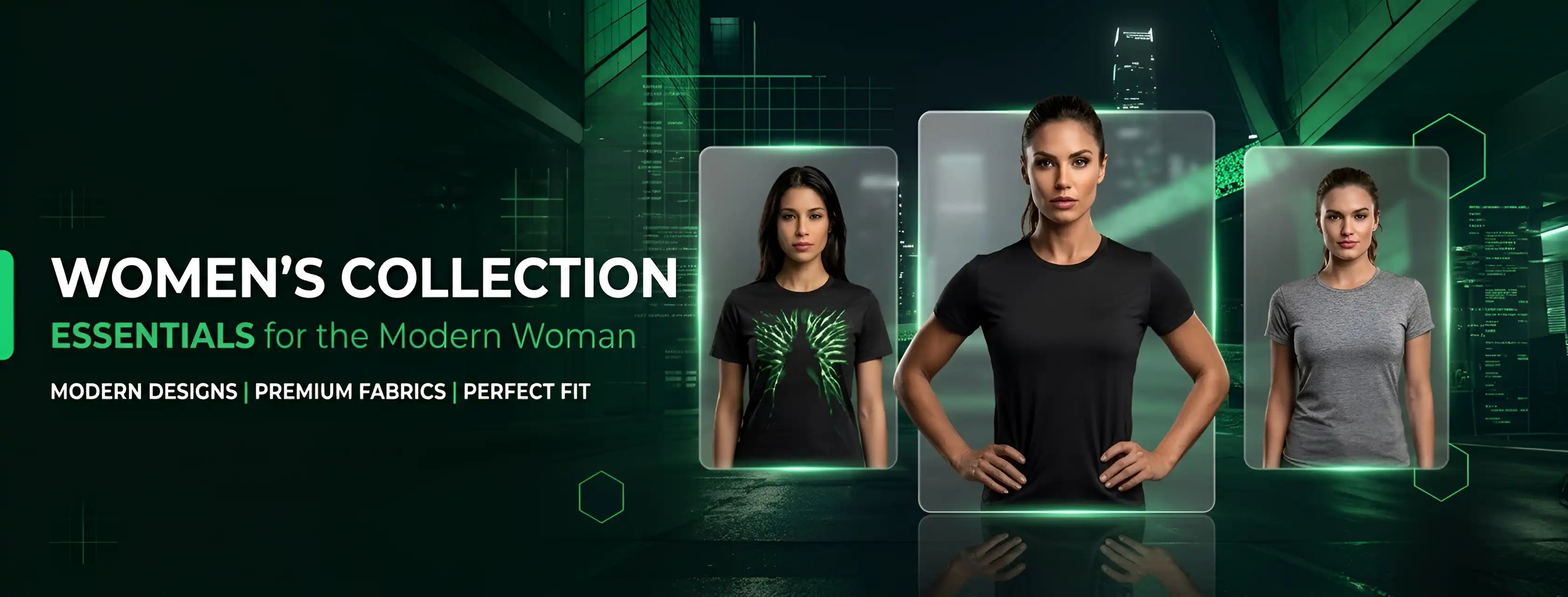 Promotional banner for women's clothing collection with three models wearing different outfits on a futuristic green background.