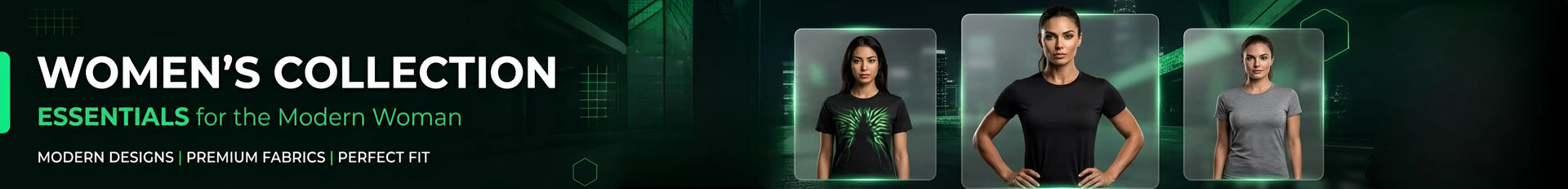 Promotional banner for women's clothing collection with models wearing black and green outfits.