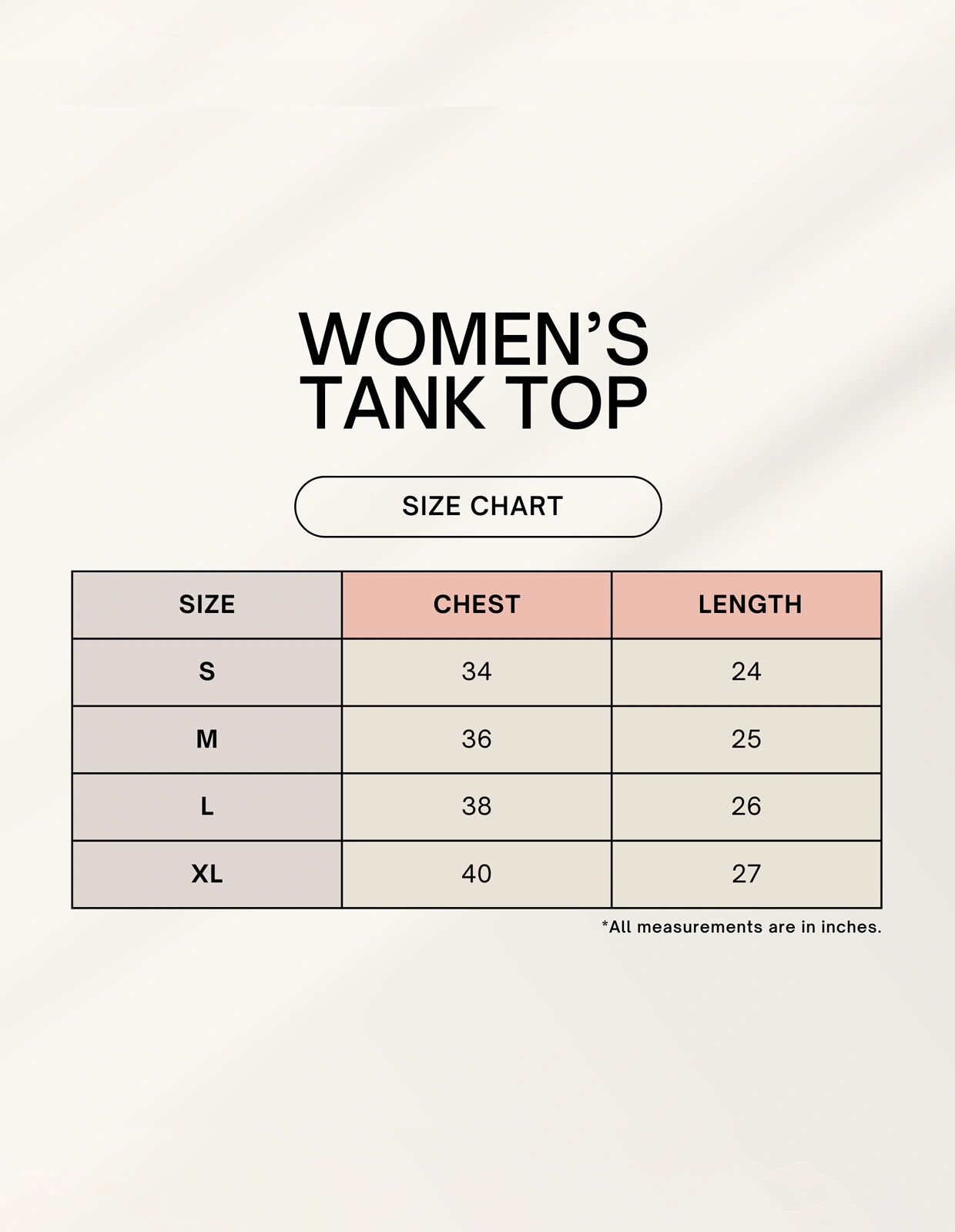 Size chart for women's tank tops